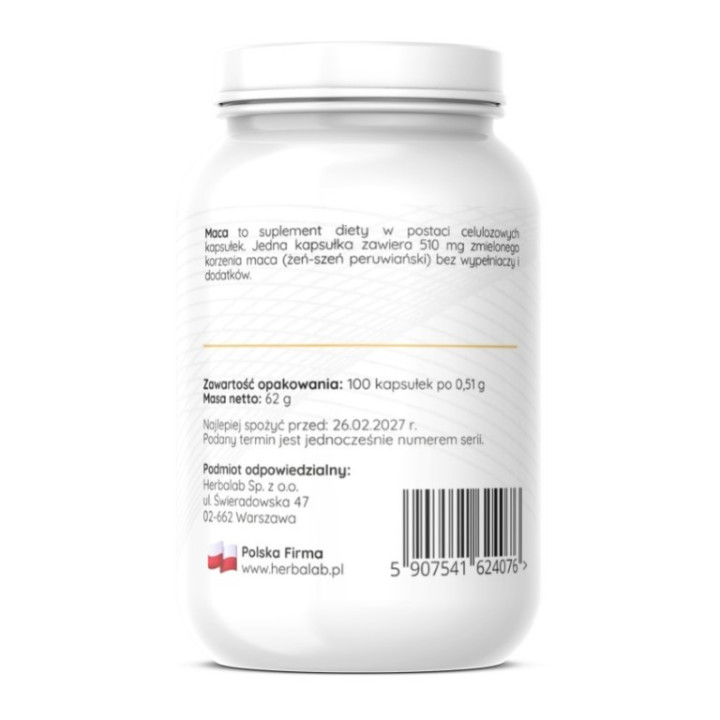 Maca Żeń- szeń peruwiański czysty bez dodatków 510 mg vege caps 100 sztuk Herbalab