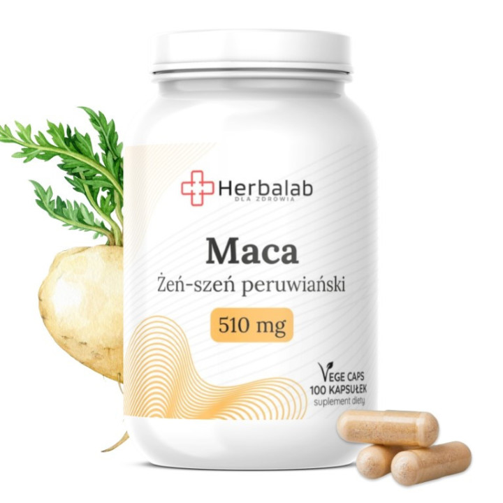 Maca Żeń- szeń peruwiański czysty bez dodatków 510 mg vege caps 100 sztuk Herbalab