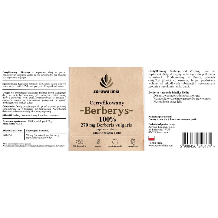 Berberys Certyfikowany Berberis 100% berberysu w kapsułce 100 szt.