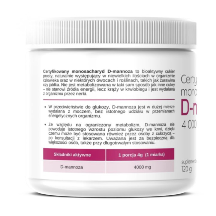 D-Mannoza D-mannose 4000 mg CZYSTA bez dodatków 120g Miarka GRATIS