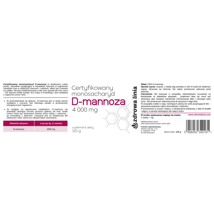 D-Mannoza D-mannose 4000 mg CZYSTA bez dodatków 120g Miarka GRATIS