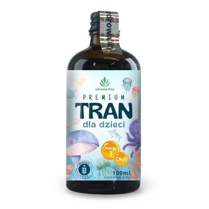 Premium Tran dla dzieci 100 ml olej z wątroby dorsza DHA Omega3 źródło D3 i wit A