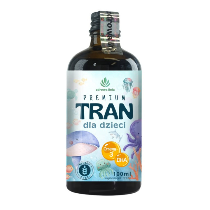 Premium Tran dla dzieci 100 ml olej z wątroby dorsza DHA Omega3 źródło D3 i wit A