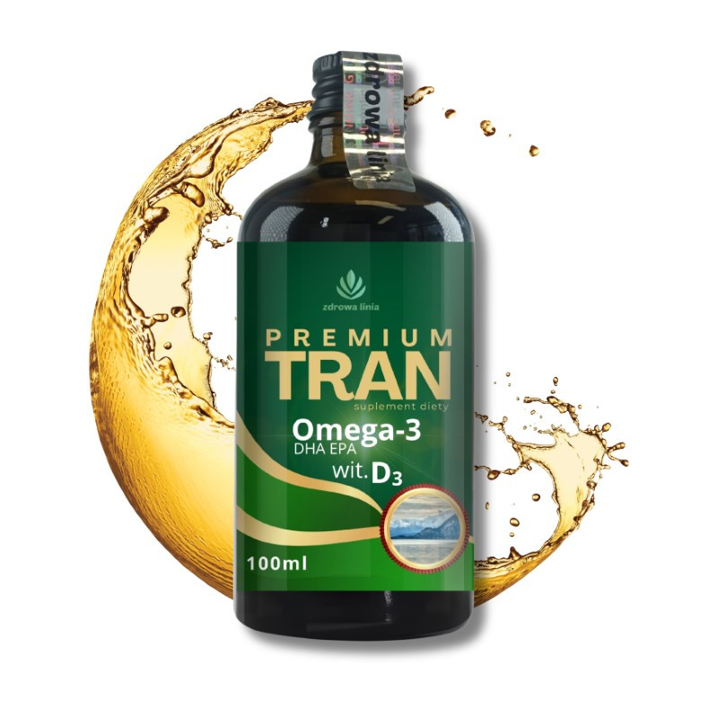 Premium Tran z wątroby dorsza Omega 3 DHA EPA wit D3 i A 100 ml