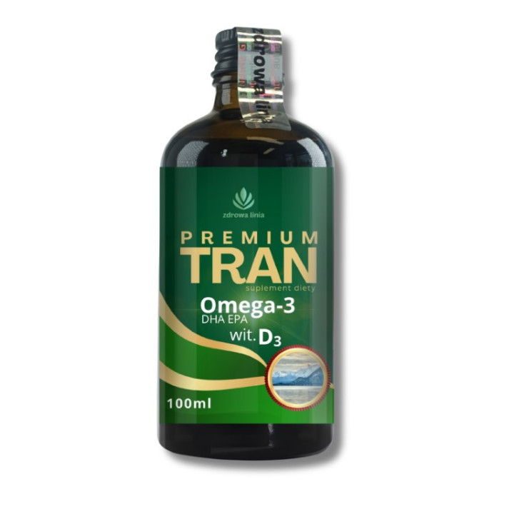 Premium Tran z wątroby dorsza Omega 3 DHA EPA wit D3 i A 100 ml