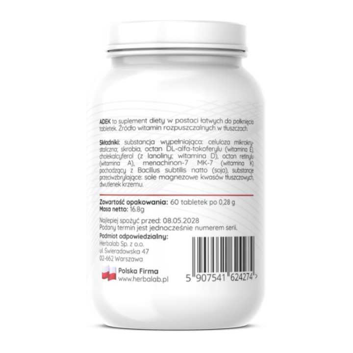 Herbalab ADEK Forte kompleks A,D3,E,K2 MK-7 - 1 tabletka dziennie 60 sztuk
