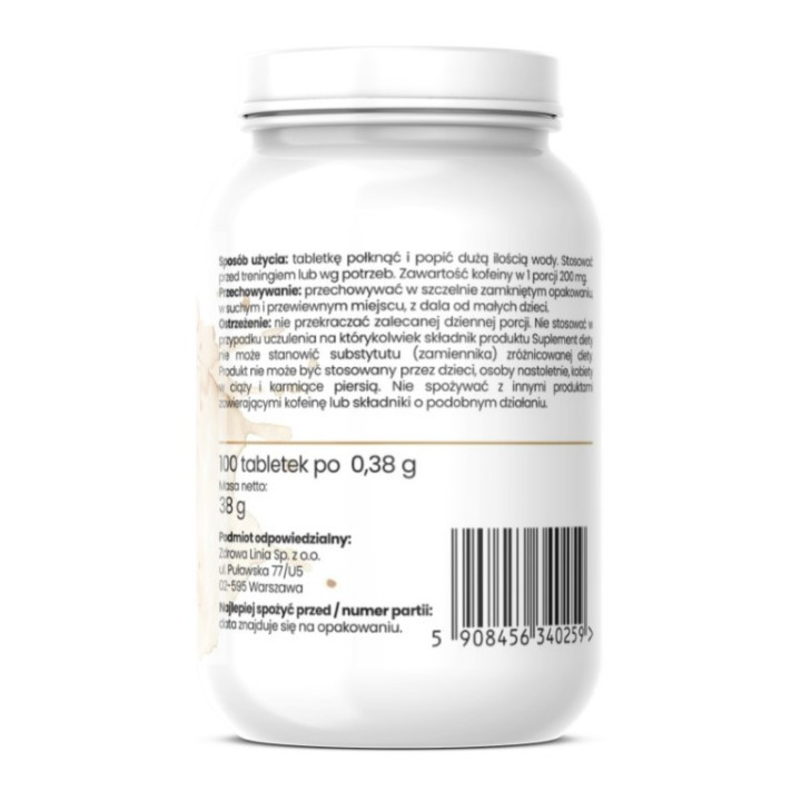 Certyfikowana KOFEINA CAFFEINE 200mg MOCNA 100 tabletek