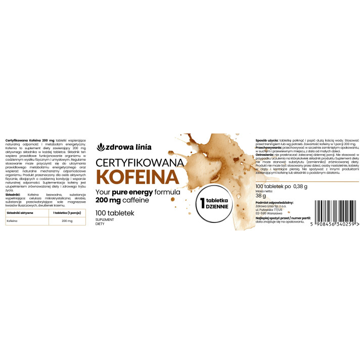 Certyfikowana KOFEINA CAFFEINE 200mg MOCNA 100 tabletek