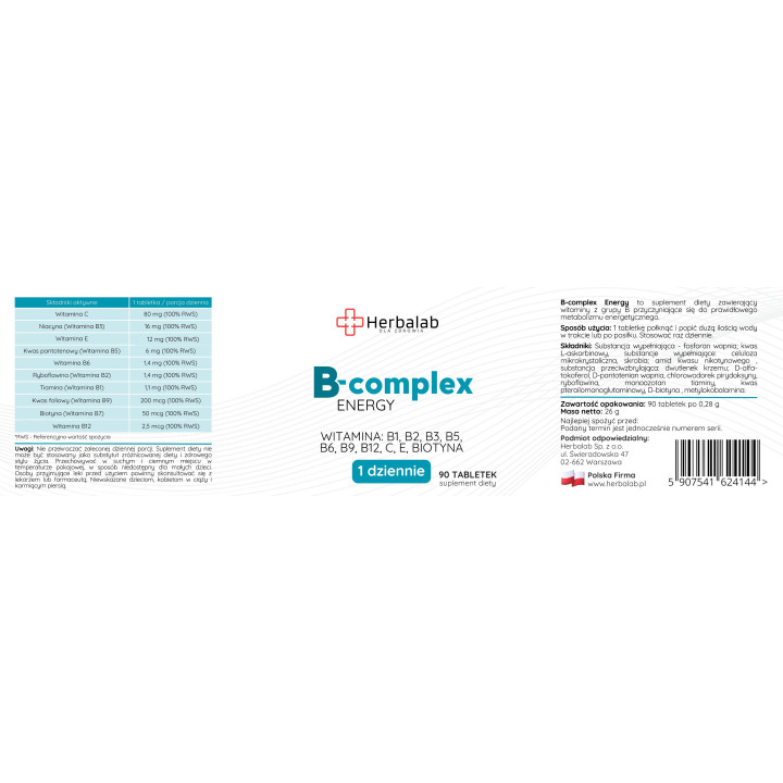 B complex Energy B1,B2,B3,B5,B6,B12,Biotyna 90 tabletek Herbalab