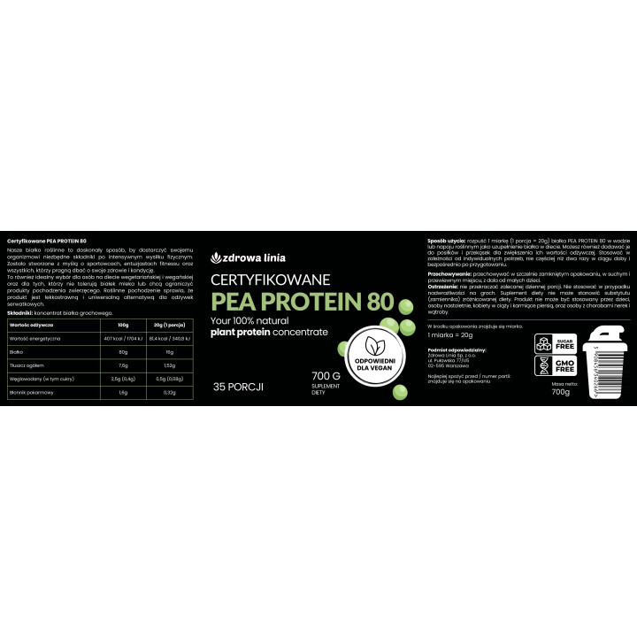 Białko 80% PEA PROTEIN 700g BIAŁKO Z GROCHU WEGAŃSKIE VEGE + miarka GRATIS