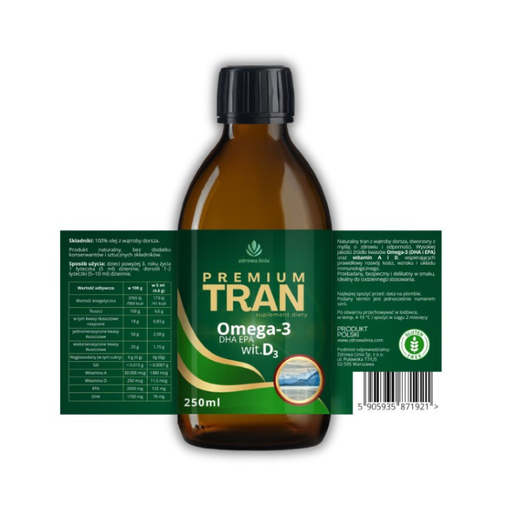 Premium Tran z wątroby dorsza Omega 3 DHA EPA wit D3 i A 250 ml