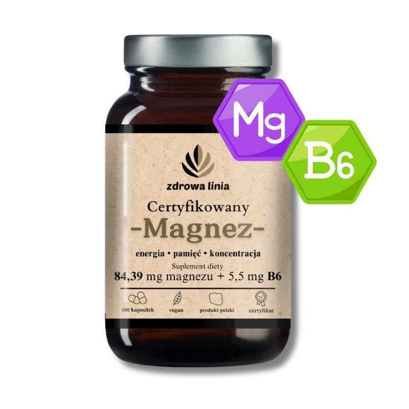 Certyfikowany Magnez + witamina B6 - 100 kapsułek