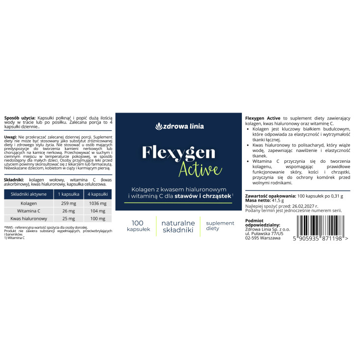 Flexygen Active kolagen z kwasem hialuronowym i wit C Zdrowa Linia 100 caps